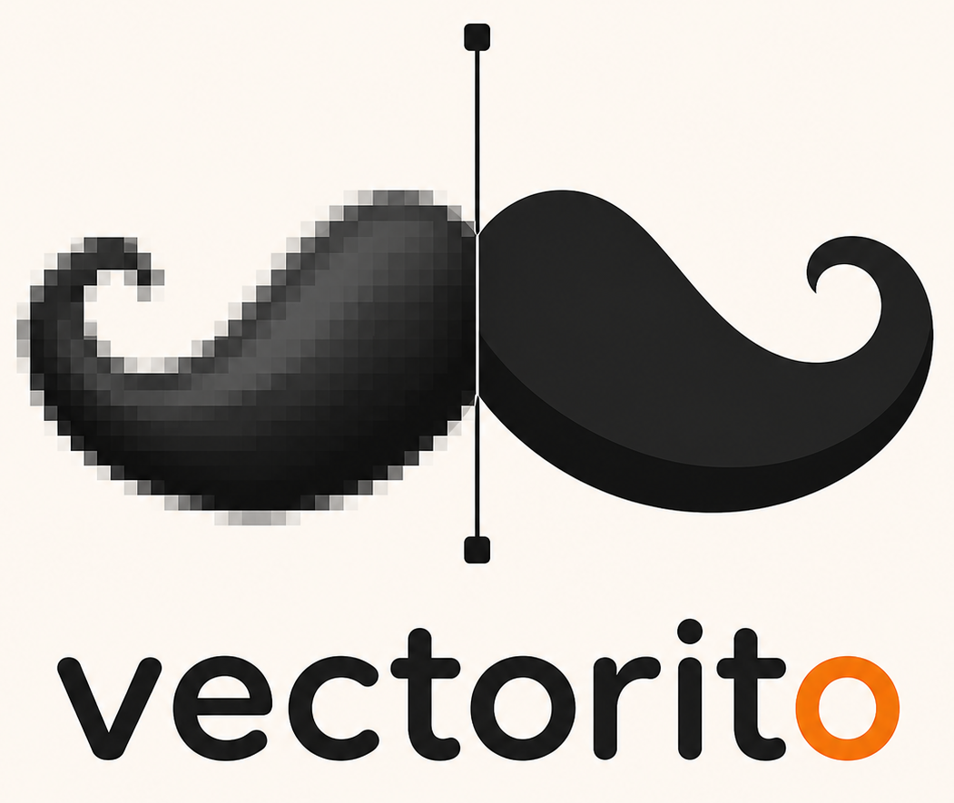 The Vectorito logo — a pixelated mustache tracing into a clean vector above the wordmark