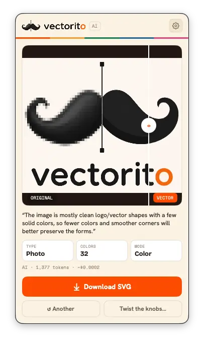 Vectorito's before/after slider with the AI's one-line summary and its chosen Type, Colors, and Mode settings